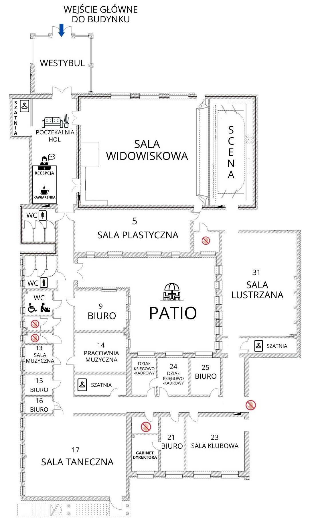 Obraz przedstawia rzut z góry parteru Centrum Kultury w Łomiankach, z podziałem na poszczególne pomieszczenia oraz informacjami o nich.